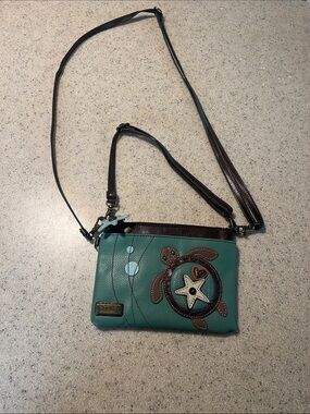 Chala green Crossbody Bag with Turtle Applique and Brown Strap